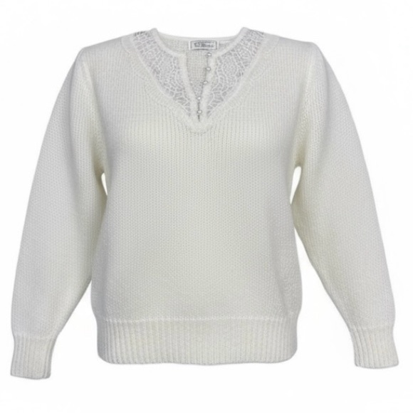 Vintage Sweaters - Vintage Charlotte VanHorne Cream Sweater Medium‎ Lace Pearl Embellished 80s